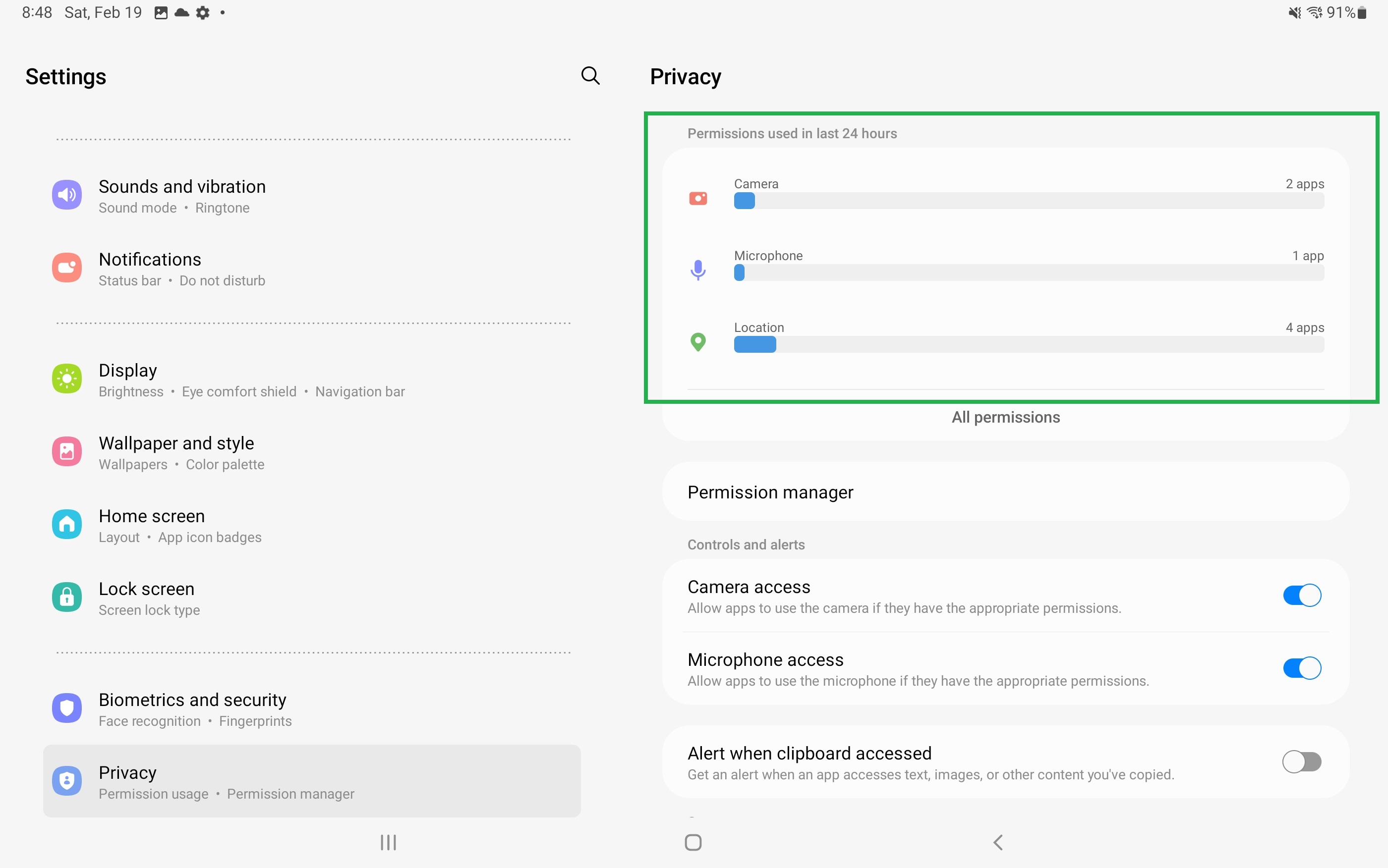 Samsung Galaxy Tab S8 Plus showing privacy menu