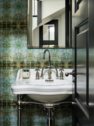 Green bathroom with traditional basin and large mirror
