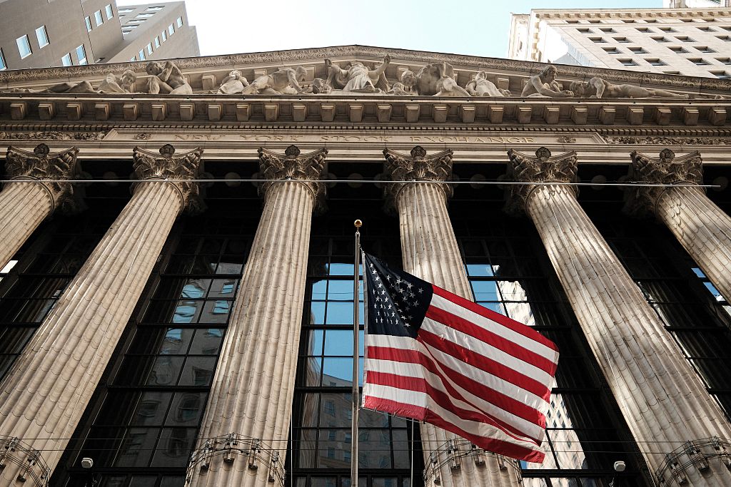 The facade of the New York Stock Exchange (NYSE) is pictured before the closing bell in New York City