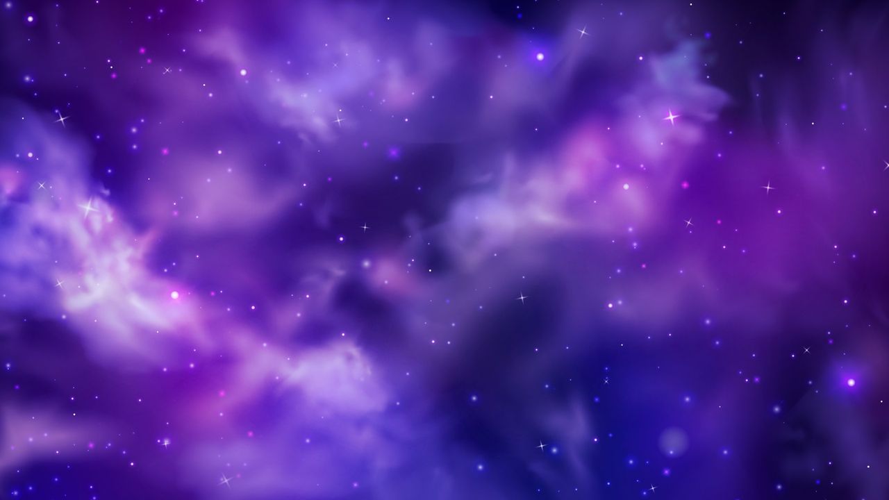 Purple night sky. Space universe, magic clouds. Cosmic night nebula, pink and blue cosmos, dark lights. Midnight heaven realistic panorama with stars. Celestial vector texture exact wallpaper - stock illustration.