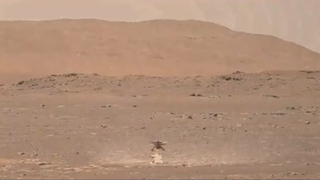 An enhanced image captured by the Perseverance rover shows the dust kicked up by the Ingenuity helicopter's blades during its first flight on Mars on April 19, 2021.