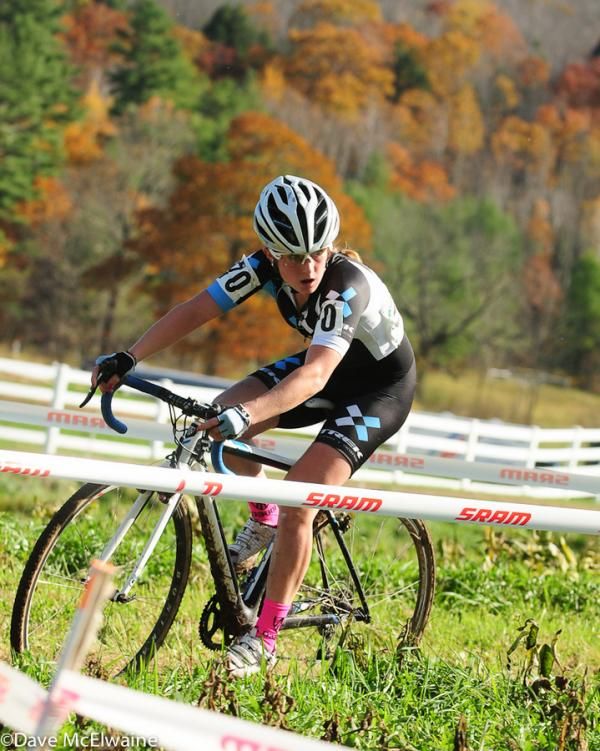 Ellen Noble (Trek Cyclocross Collective) checks behind her to see where Berensfeld was