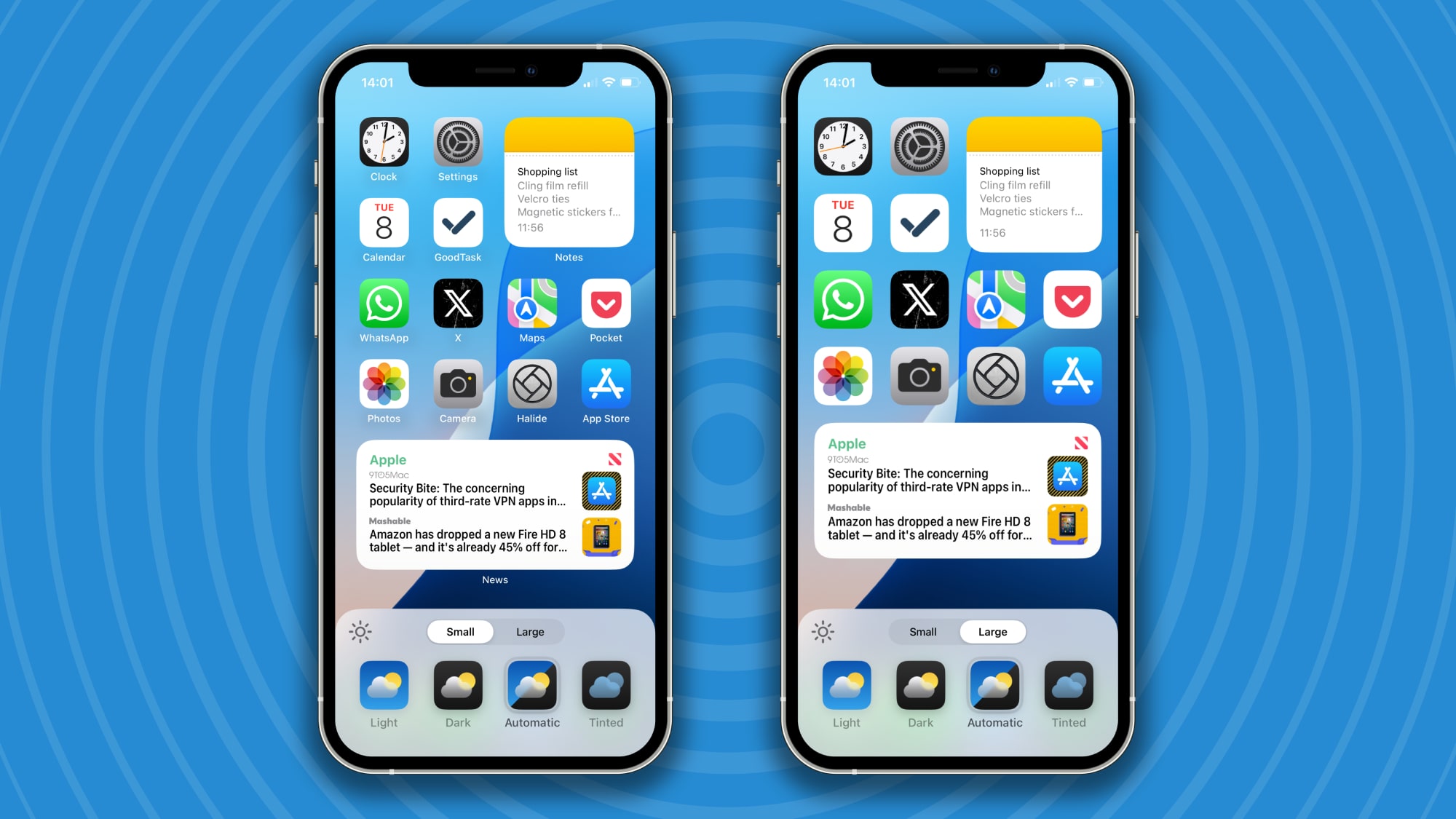 Multiple iPhones on a blue background, each showing different ways to edit the home screen in iOS 18.