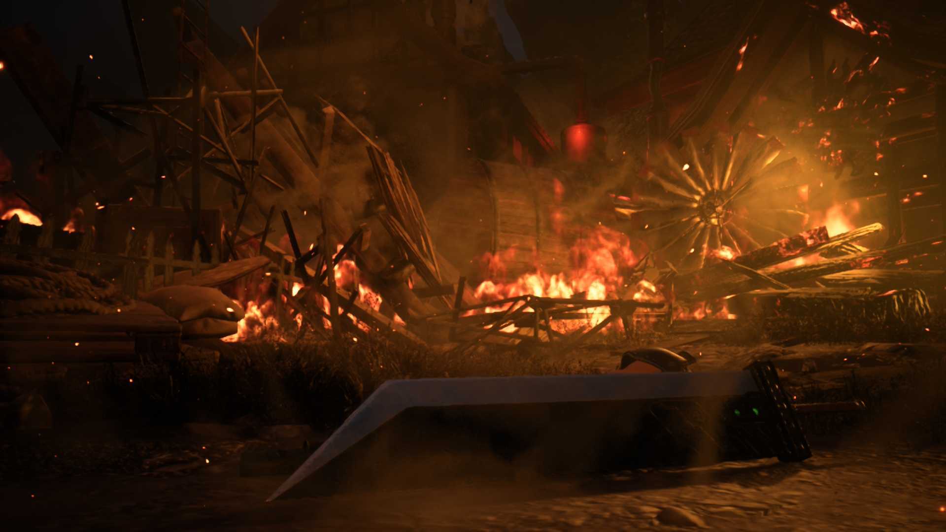 Cloud lying broken on the floor, fire is around him