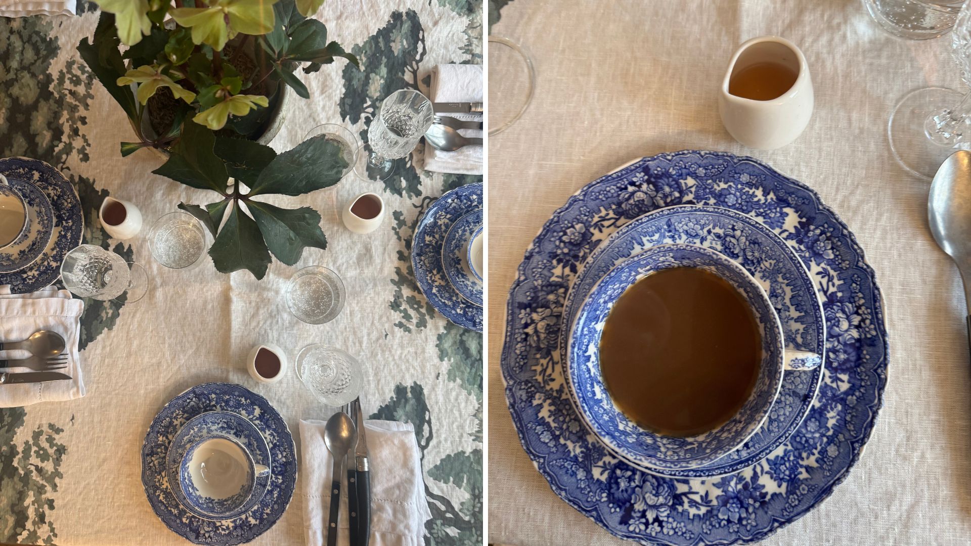 Table set with chicken soup in blue and white vintage style teacup