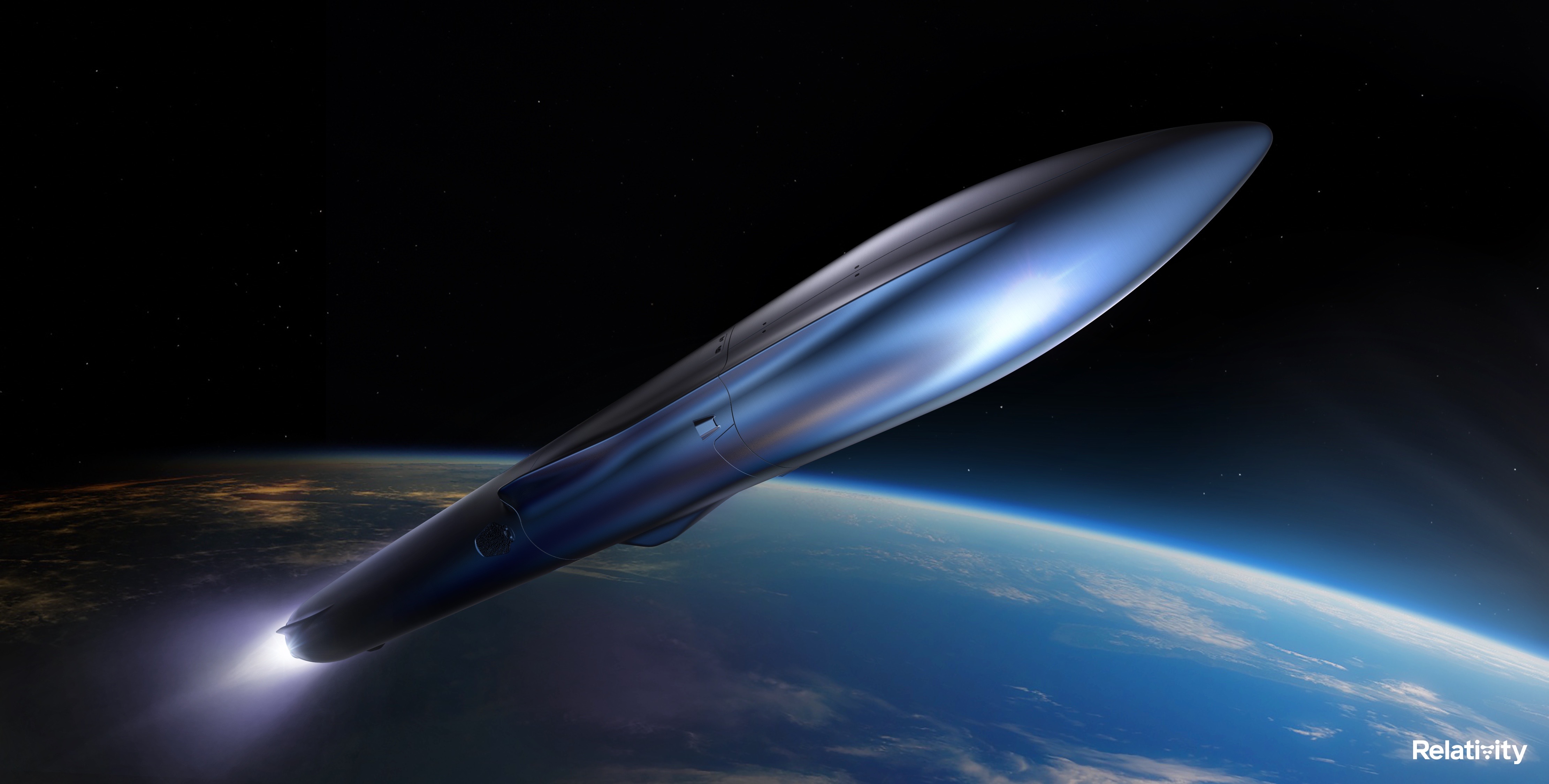 Artistieke illustratie van de Terran R-raket van Relativity Space die van de aarde wordt gelanceerd.
