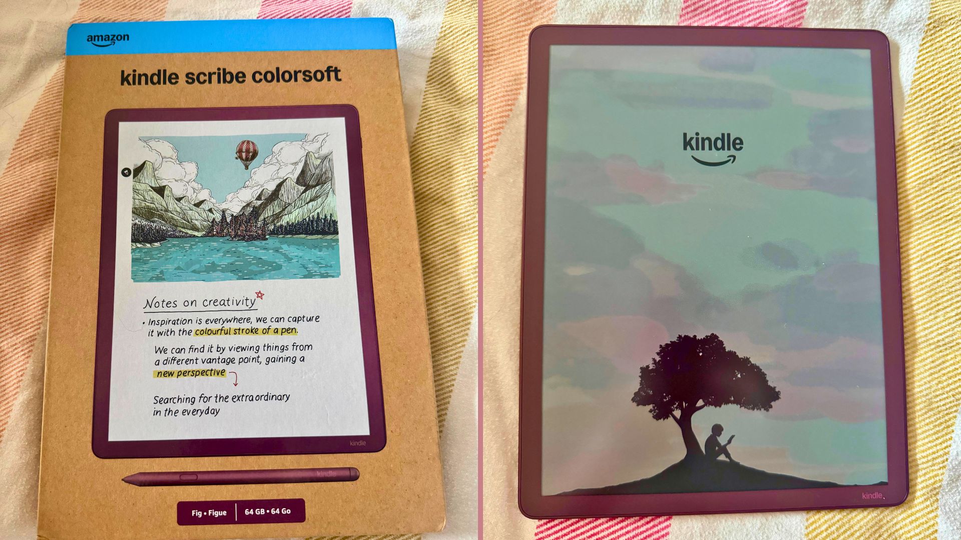 The Amazon Kindle Scribe Colorsoft pictured in and out of the packaging during unboxing