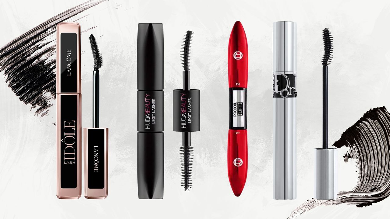 Collage of the best mascaras for straight lashes (L-R) from Lancome, Huda Beauty, L'Oreal Paris and Dior, on a white marbled background with black mascara swatches