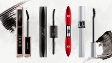 Collage of the best mascaras for straight lashes (L-R) from Lancome, Huda Beauty, L'Oreal Paris and Dior, on a white marbled background with black mascara swatches