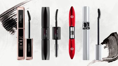 Collage of the best mascaras for straight lashes (L-R) from Lancome, Huda Beauty, L'Oreal Paris and Dior, on a white marbled background with black mascara swatches