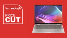 HP Spectre x360 laptop in silver on orange background with price cut sign