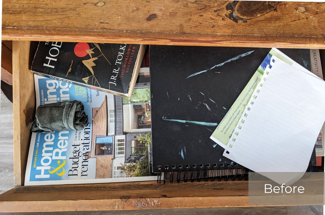 Before photos of my messy drawer with books, magazines newspapers, notepads and more before using the 5x5 Cleaning Method