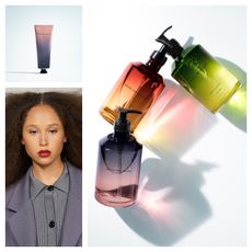 A collage of a woman with voluminous curly hair and Dries Van Noten body care products