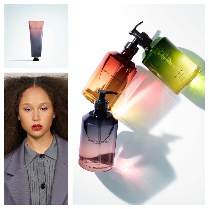 A collage of a woman with voluminous curly hair and Dries Van Noten body care products