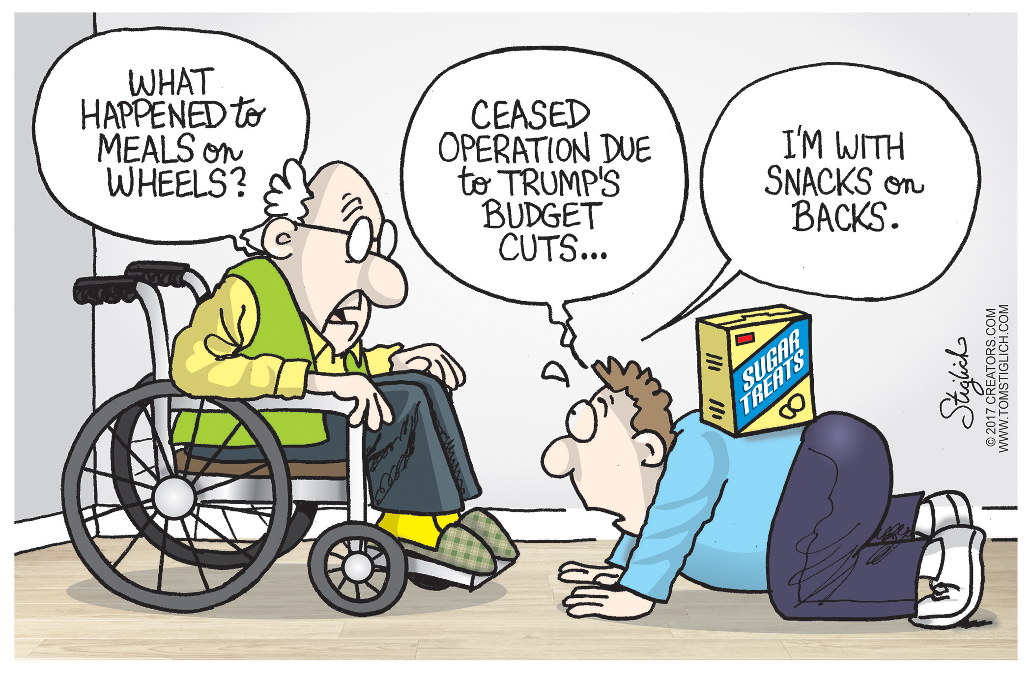 Political cartoon U.S. Meals on Wheels President Trump budget cuts