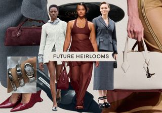 A collage with the words "Future Heirlooms" on it in front of a collage featuring luxury accessories by Alaïa, Bulgari, Chanel, Manolo Blahnik, Hermès, and Dior.