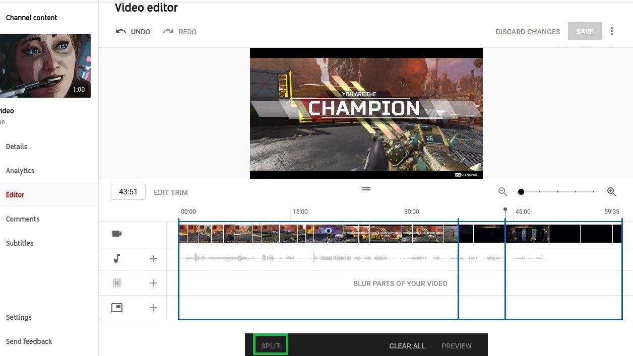 How to edit videos on YouTube step 6: To cut a section, click 