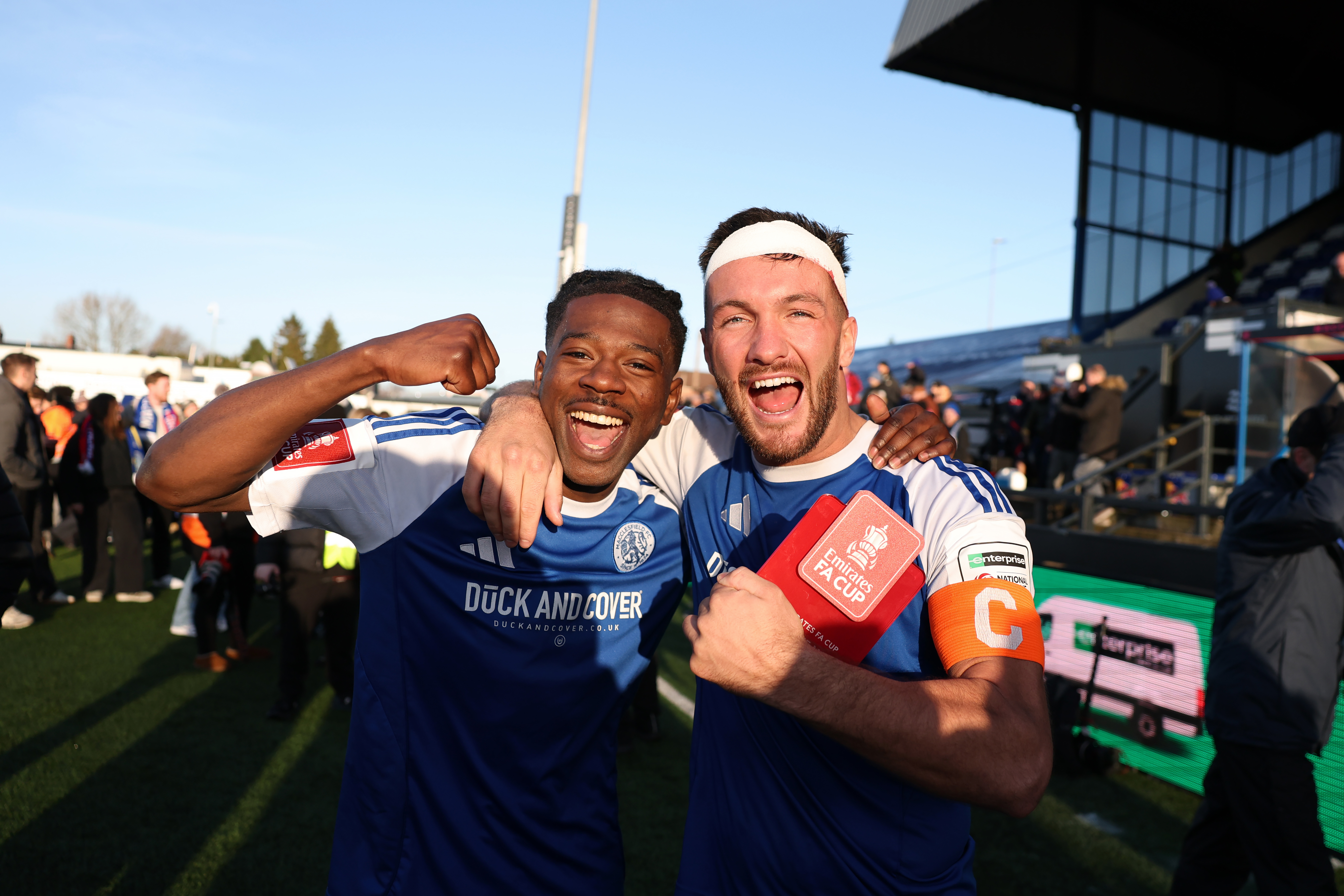 MACCLESFIELD, ENGLAND - JANUARY 10: Goal scorers Isaac Buckley-Ricketts and Paul Dawson of Macclesfield celebrate after the team&amp;apos;s victory following the Emirates FA Cup Third Round match between Macclesfield and Crystal Palace at Moss Rose Ground on January 10, 2026 in Macclesfield, England. (Photo by Michael Regan/Getty Images)