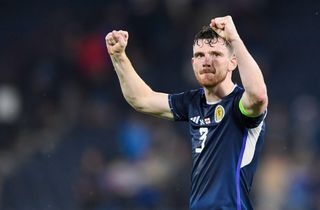 Scotland captain Andy Robertson celebrates a win over Georgia, 2023