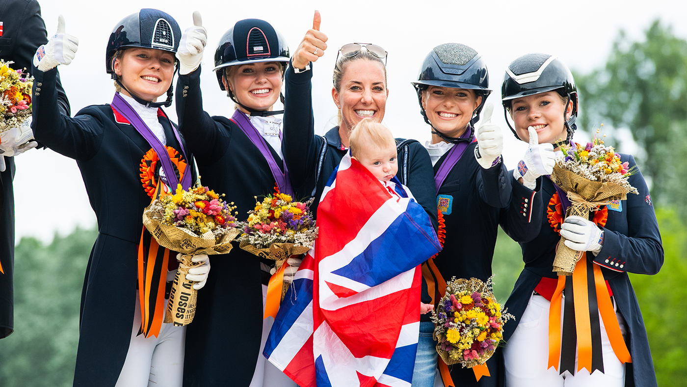 Lily Laughton, Annabella Pidgley, Jessie McConkey and India Durman-Mills with Charlotte Dujardin