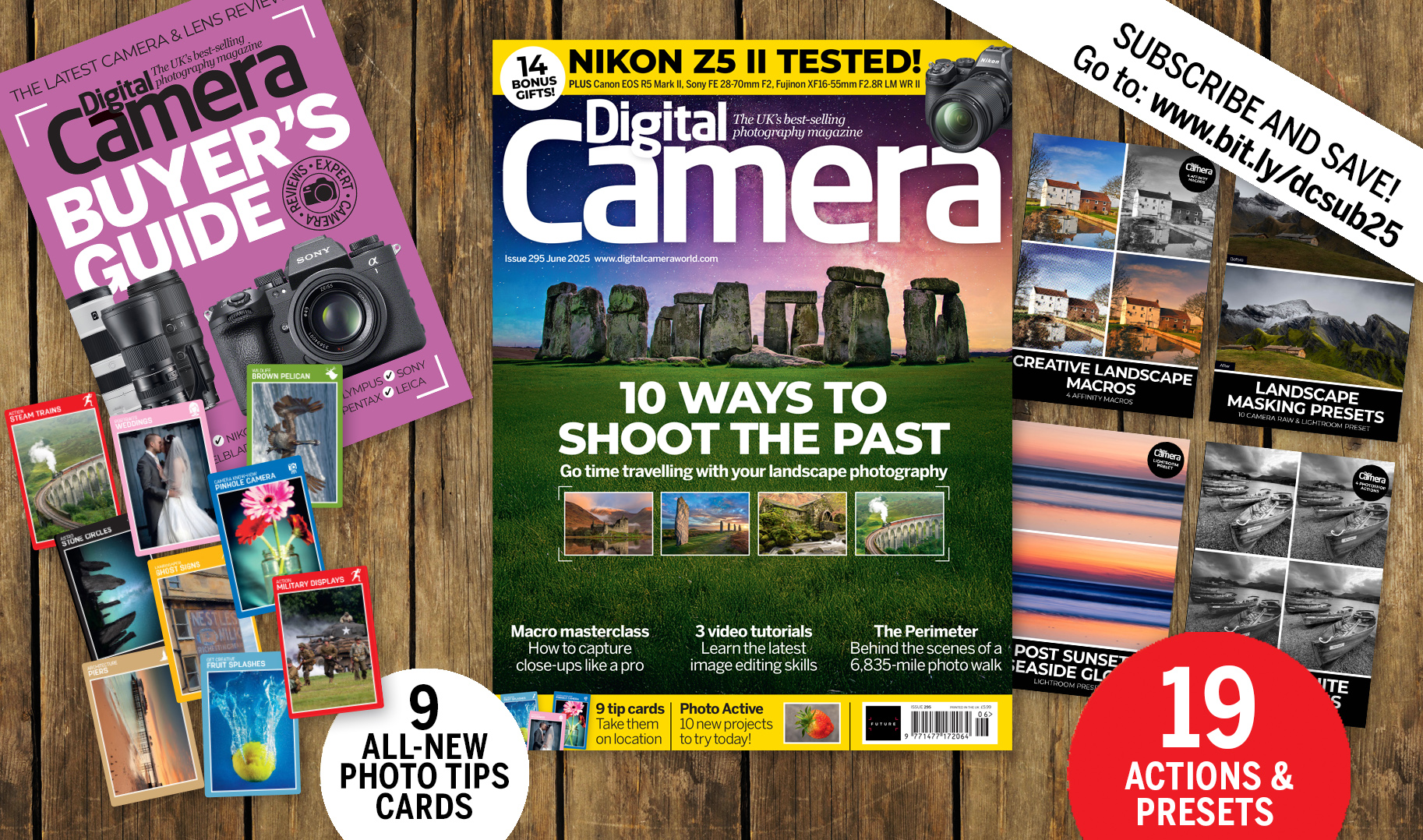 Front cover of issue 295 (June 2025) of Digital Camera magazine plus images showing the highlights of the bonus gifts included with the magazine – nine photo tips cards, 3 tutorial videos, 19 software extras and an ebook