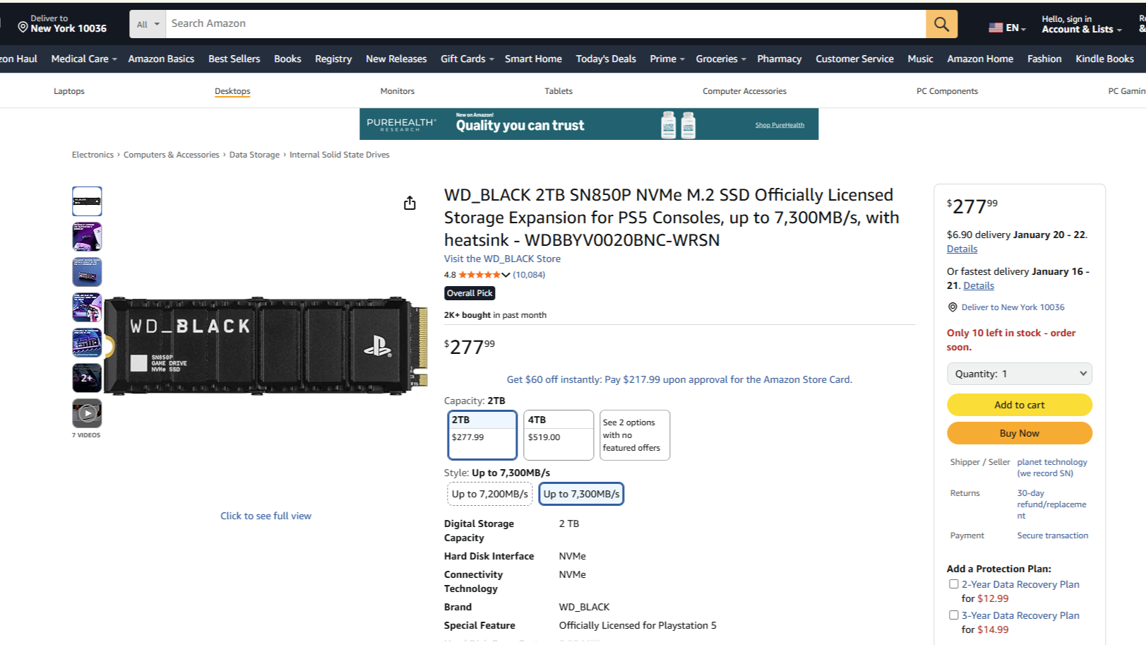 The Amazon listing for a WD Black 2TB PS5 SSD.