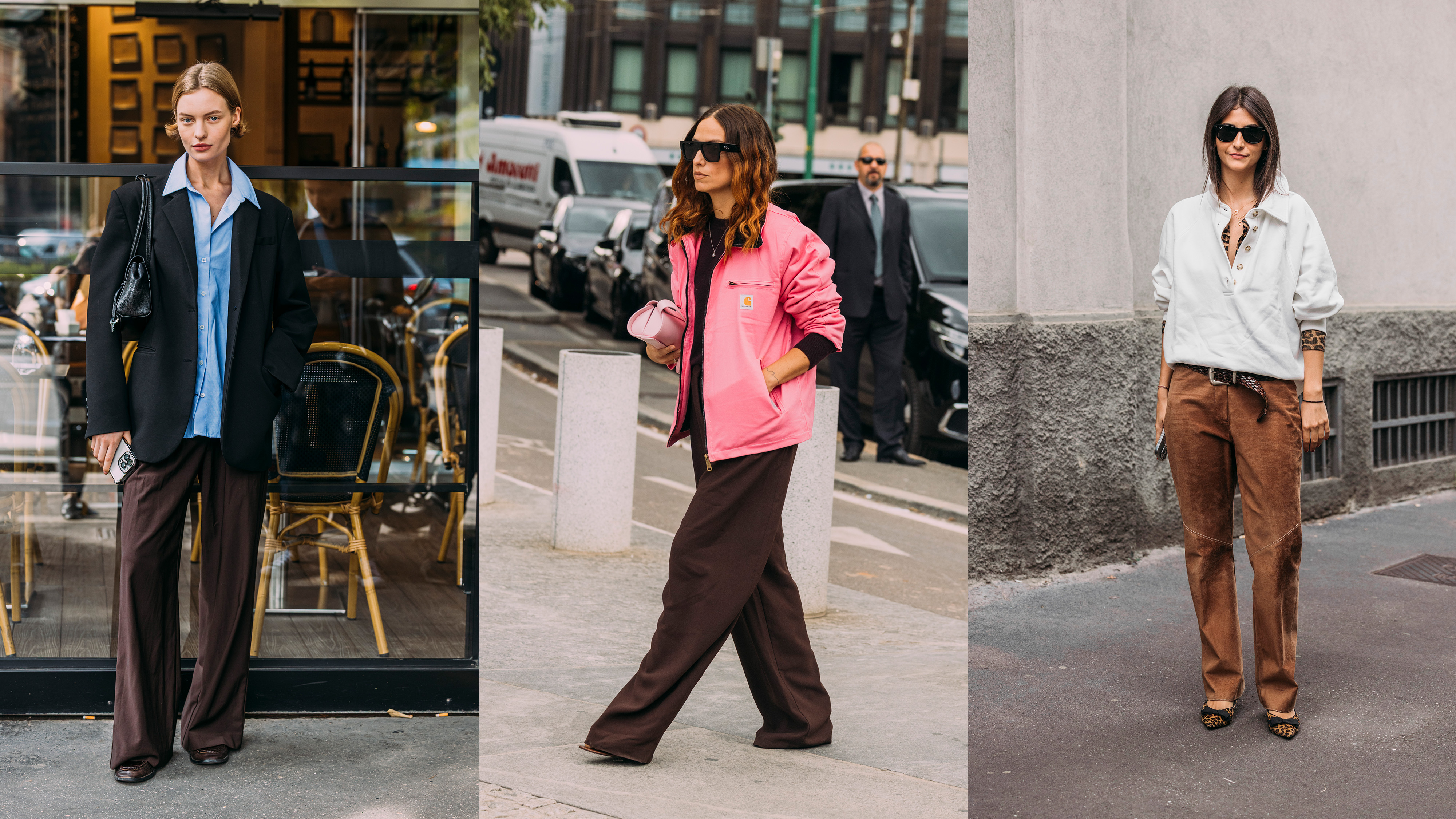 A collage of women in milan wearing brown pant outfits for fall.