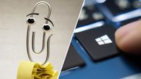 A split image shows Clippy from Windows beside a person pressing the Windows key on a PC keyboard