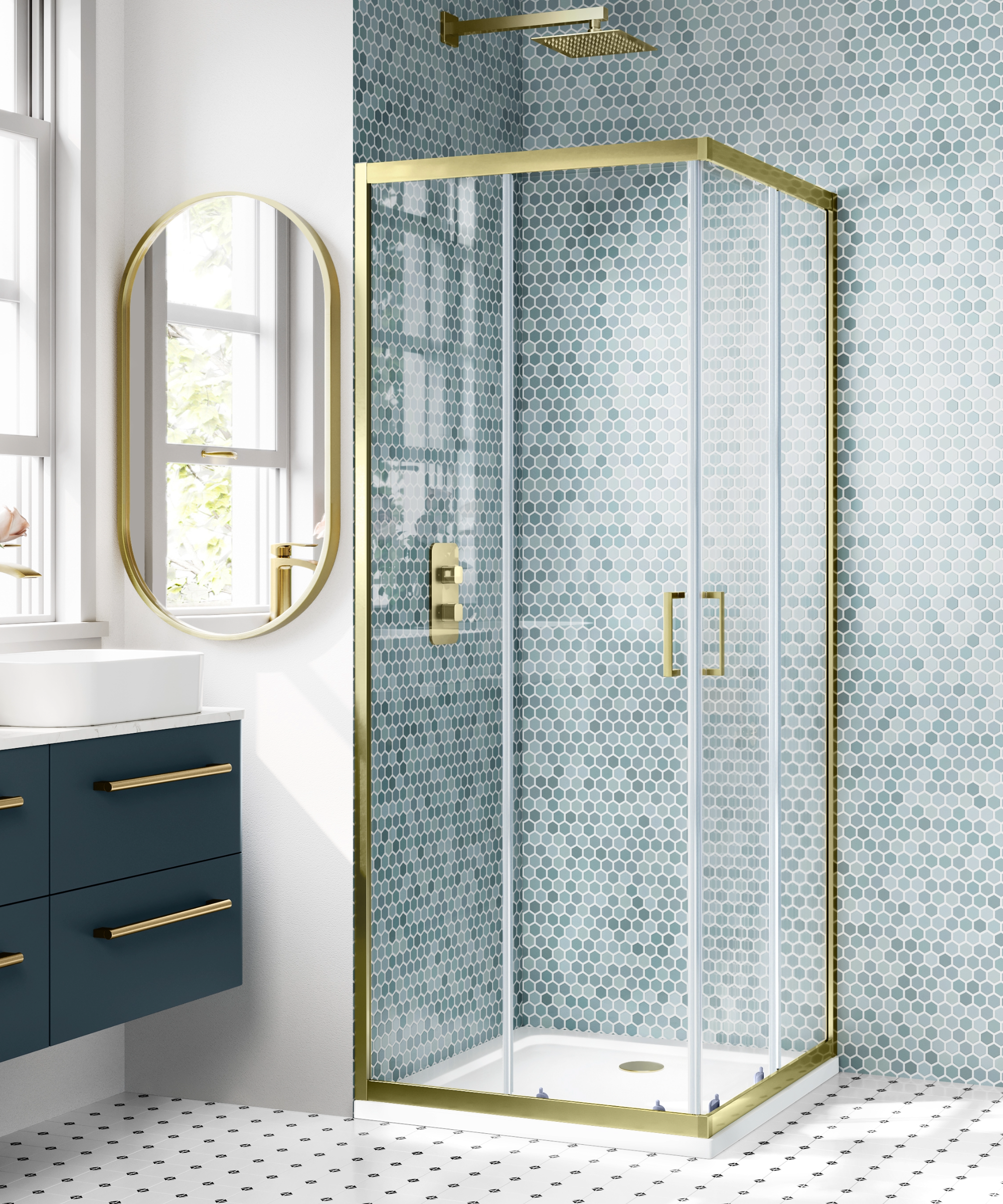 Square shower enclosure with gold rim and blue tiling