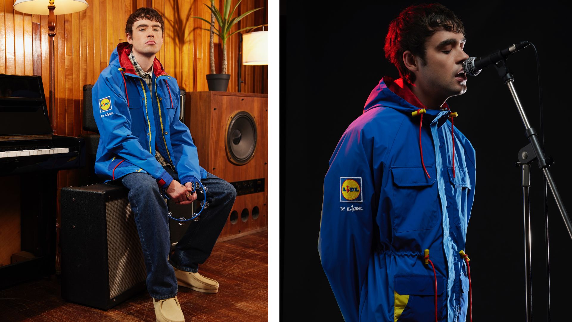 two images spliced together, the left showing the male model wearing the jacket in a recording studio, sitting on an amp. The right had one has the same model wearing the jacket whilst signing into a mic
