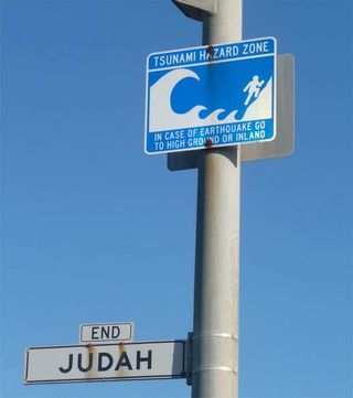 A sign designating the tsunami hazard zone in San Francisco, Calif. Although tsunamis are less common in the northeast Atlantic and Mediterranean, they are possible.