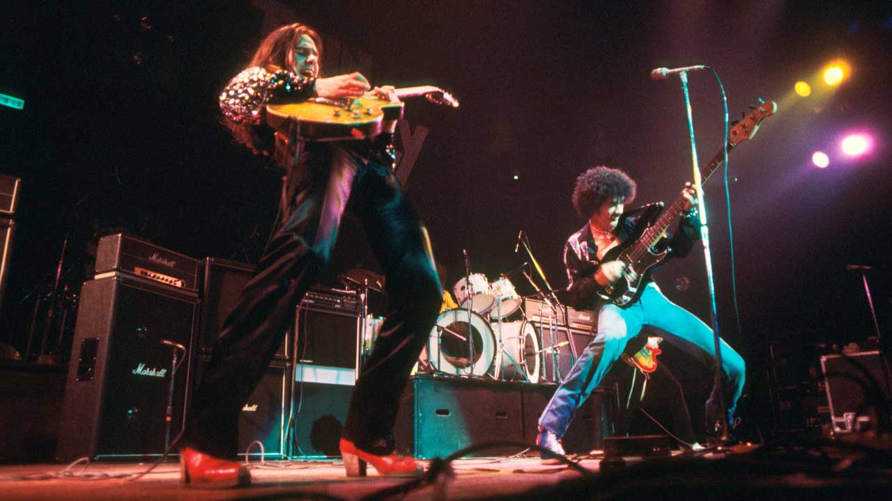 Gary Moore (left) onstage with Phil Lynott and Thin Lizzy in New York, 1977