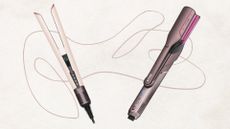 The Dyson Airstrait in pale pink and the Shark FlexFusion Straight in taupe and pink, set against an off-white background 