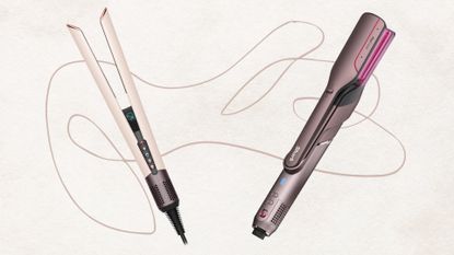 The Dyson Airstrait in pale pink and the Shark FlexFusion Straight in taupe and pink, set against an off-white background 