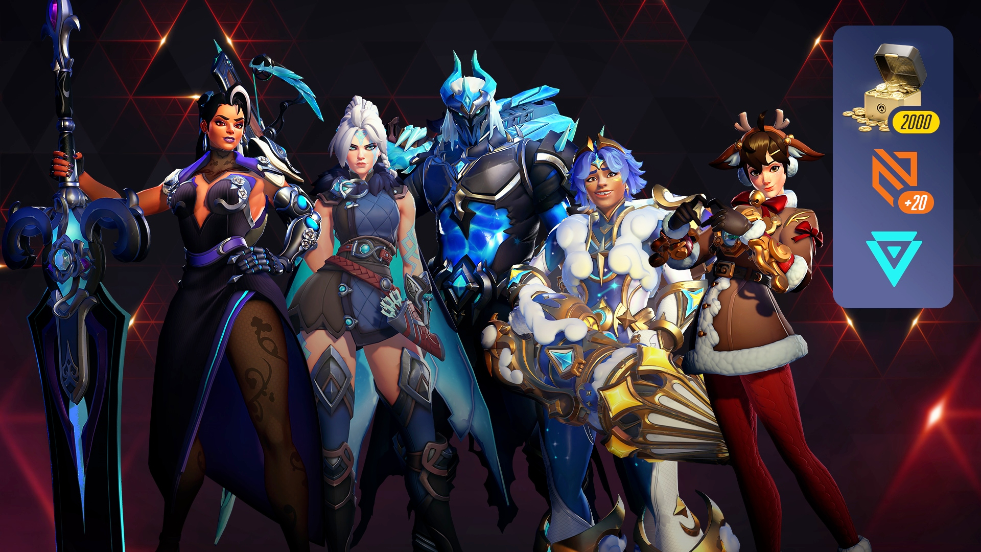 Overwatch 2 Season 20: The battle pass skins, featuring Vendetta, Freja, Reaper, Venture, and Tracer posing.