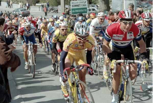 Pantani out of the saddle in 1997. Then world champion Johan Museeuw in the background