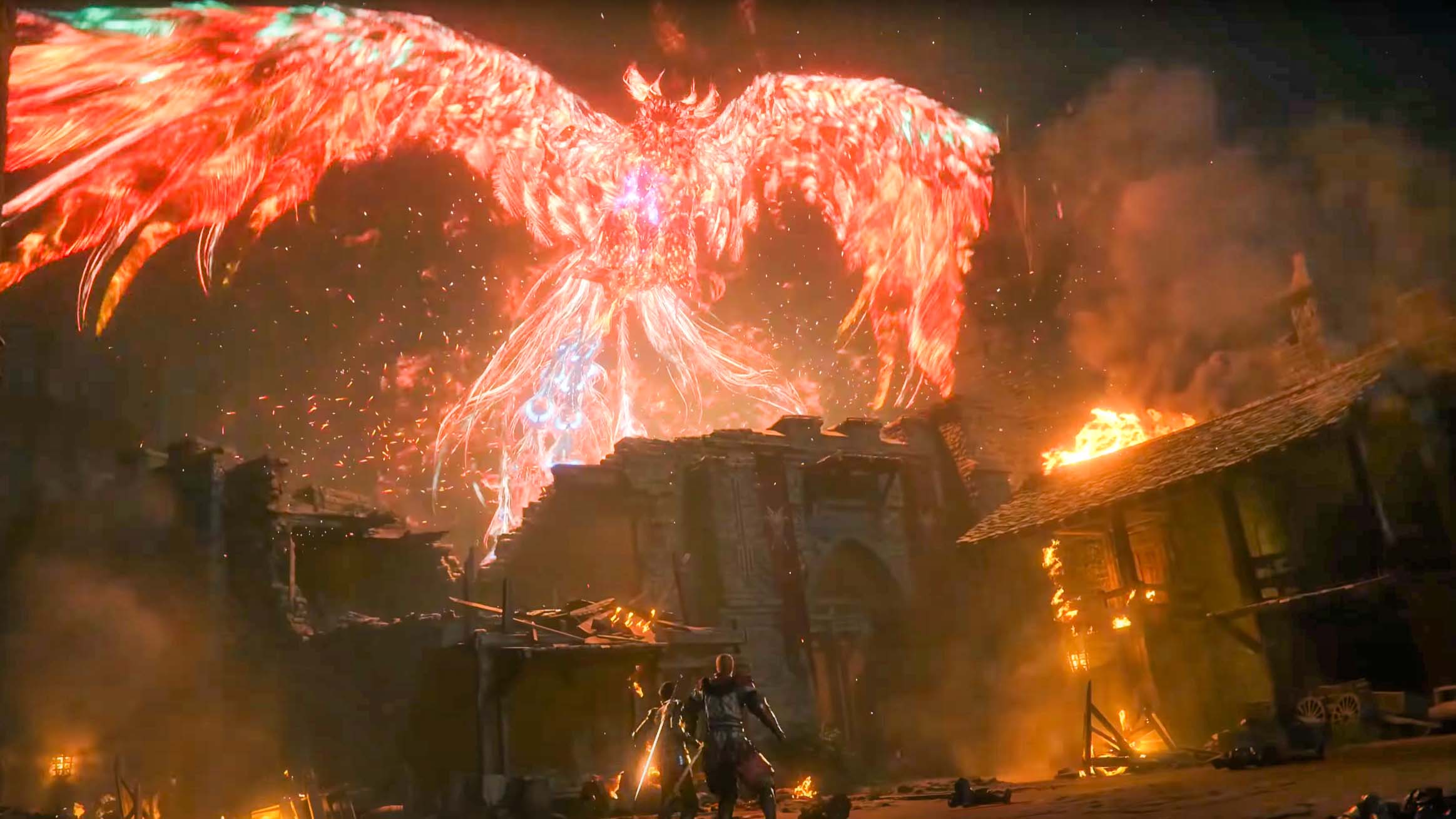 A screenshot from Final Fantasy XVI showing a fiery Phoenix flying over a burning town.