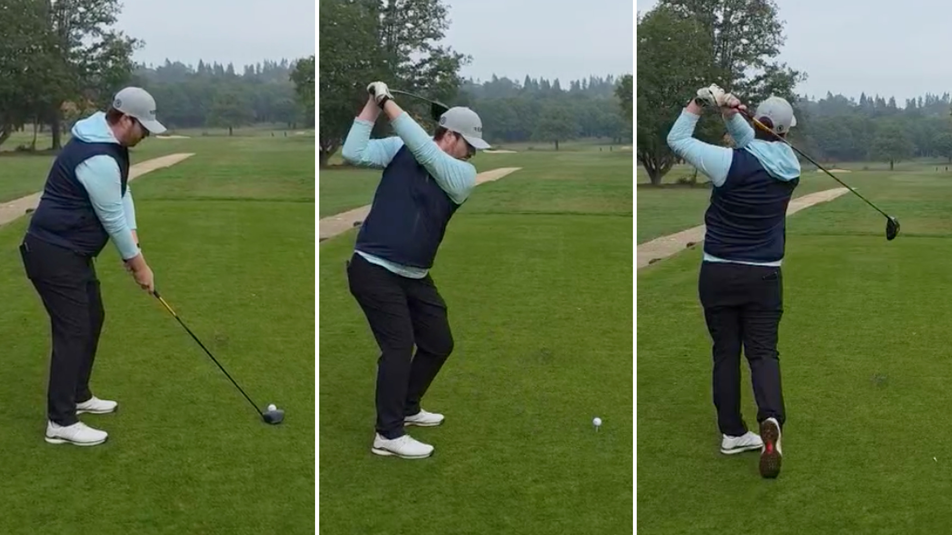 A golfer addressing the ball, at the top of their backswing and holding their finish on a tee shot