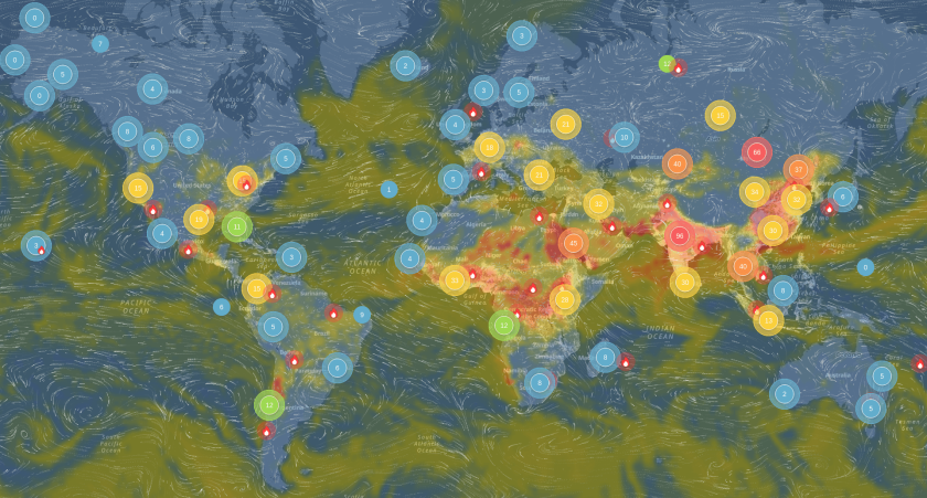 A map of the world showing temperature and pollution hotspots, from the UNEP's WESR program.