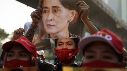 Protestors gather outside the Myanmar embassy in Bangkok, Thailand
