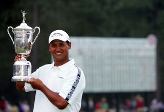 Michael Campbell holds the US Open trophy