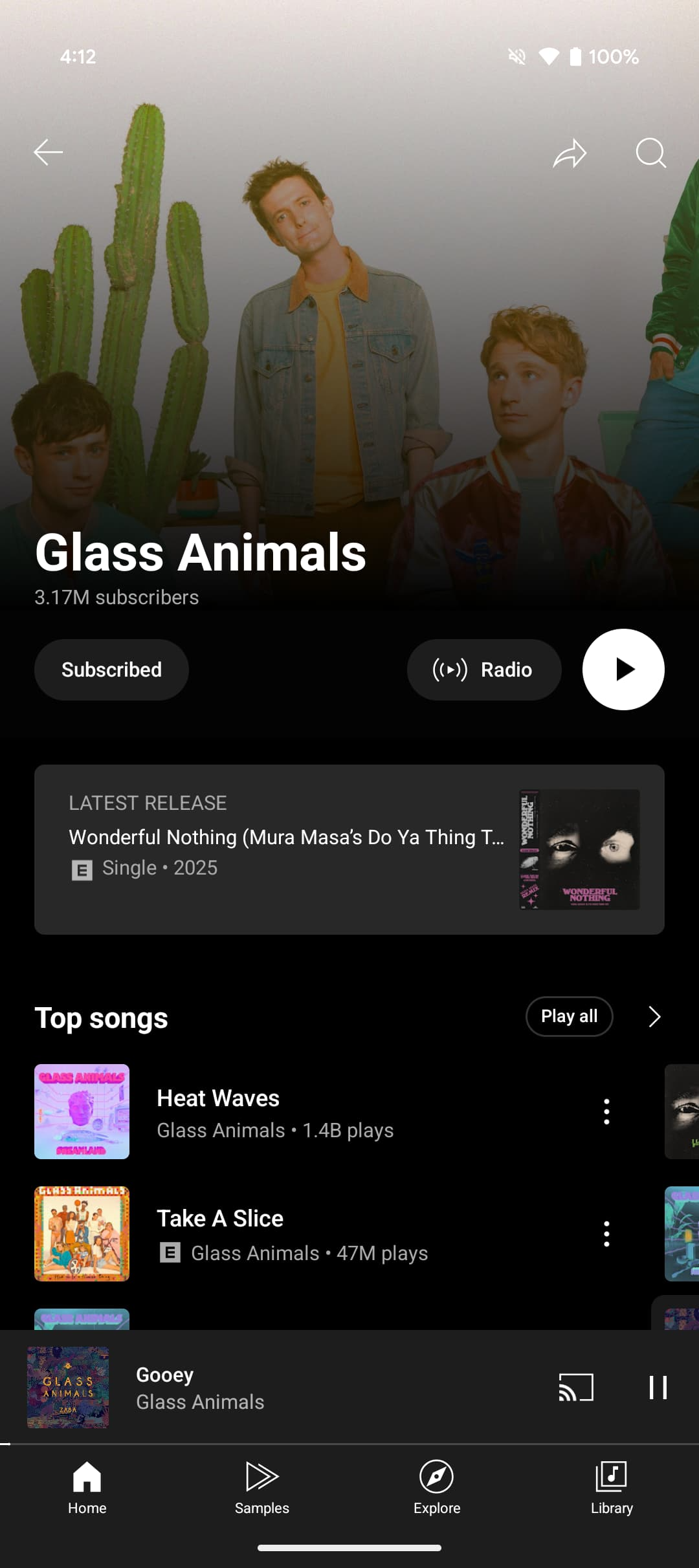 YouTube Music top songs carousel on artist pages