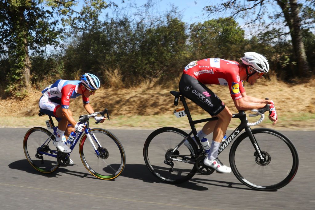 SARRAN CORRZE FRANCE SEPTEMBER 10 Mathieu Burgaudeau of France and Team Total Direct Energie Kasper Asgreen of Denmark and Team Deceuninck QuickStep Breakaway during the 107th Tour de France 2020 Stage 12 a 218km stage from Chauvigny to Sarran Corrze 658m TDF2020 LeTour on September 10 2020 in Sarran Corrze France Photo by Michael SteeleGetty Images