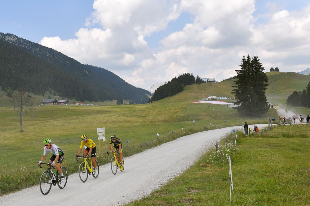 Serge Pauwels (Dimension Data), Greg Van Avermaet (BMC Racing) and Rein Taaramee (Direct Energie) ride in the gravel during stage 10 at the Tour de France