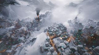 An aerial screenshot of a city in city-building game Frostpunk 2