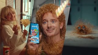 From L to R: Sabrina Carpenter in a Pringles Super Bowl 2026 ads; Elijah Wood dressed as a woodland creature in a Skittles Super Bowl 2026 ads; and a clump of hair with eyes in a Manscape Super Bowl 2026 ad. 