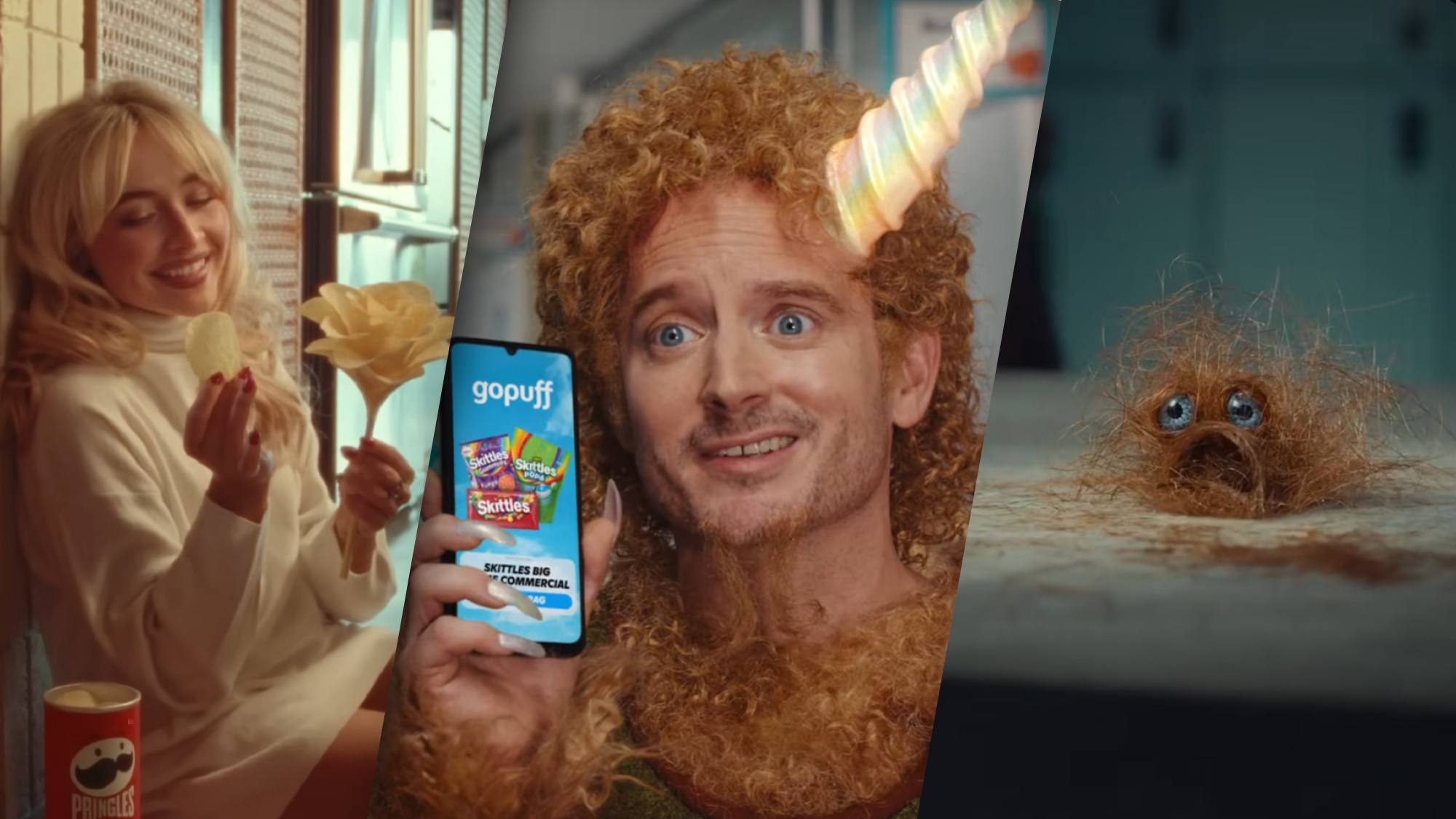 From L to R: Sabrina Carpenter in a Pringles Super Bowl 2026 ads; Elijah Wood dressed as a woodland creature in a Skittles Super Bowl 2026 ads; and a clump of hair with eyes in a Manscape Super Bowl 2026 ad. 