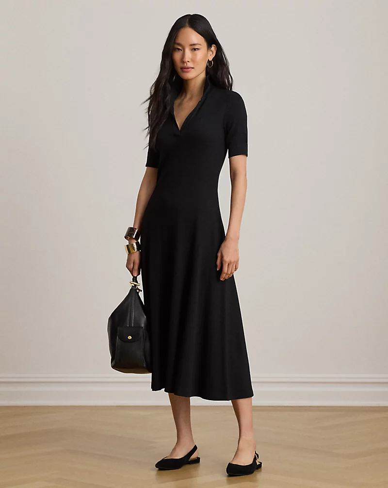 Rib Knit Elbow Sleeve Polo Dress