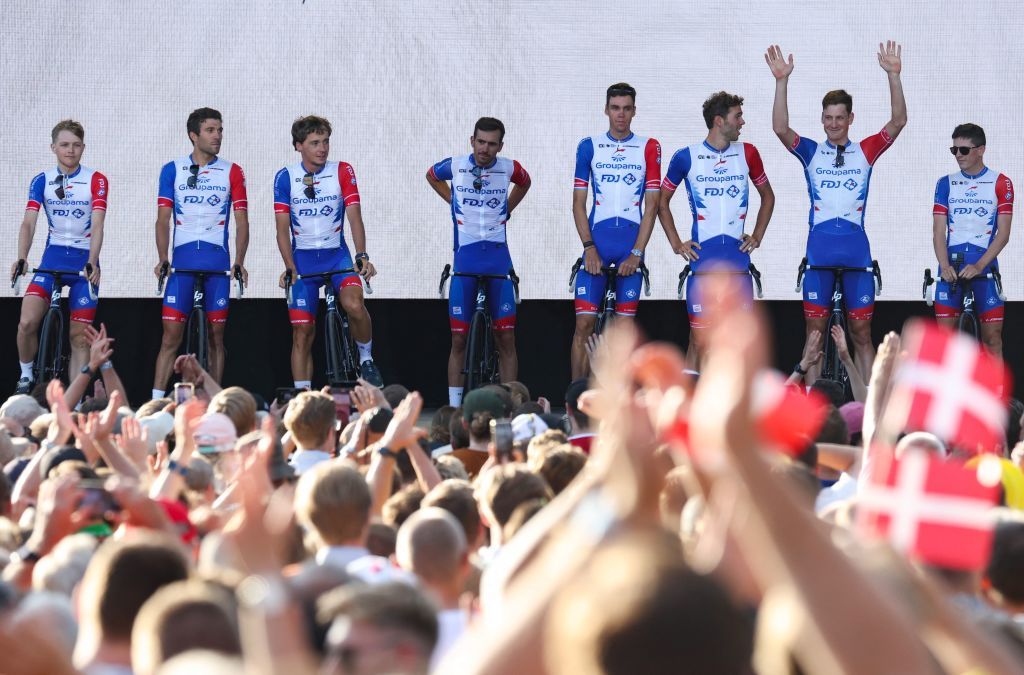 GroupamaFDJ team riders attend the teams presentation two days ahead of the first stage of the 109th edition of the Tour de France cycling race in Copenhagen in Denmark on June 29 2022 Photo by Thomas SAMSON AFP Photo by THOMAS SAMSONAFP via Getty Images