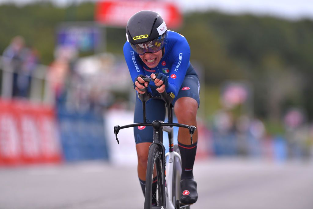 PLOUAY FRANCE AUGUST 24 Arrival Vittoria Bussi of Italy during the 26th UEC Road European Championships 2020 Womens Elite Individual Time Trial a 256km race from Plouay to Plouay ITT UECcycling EuroRoad20 on August 24 2020 in Plouay France Photo by Luc ClaessenGetty Images